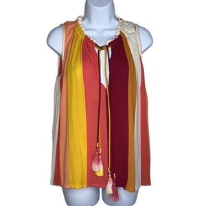 3 for $20 BANJARA Boho Striped Ruffle Neck Top Sleeveless Dip Dyed Tassel Red S